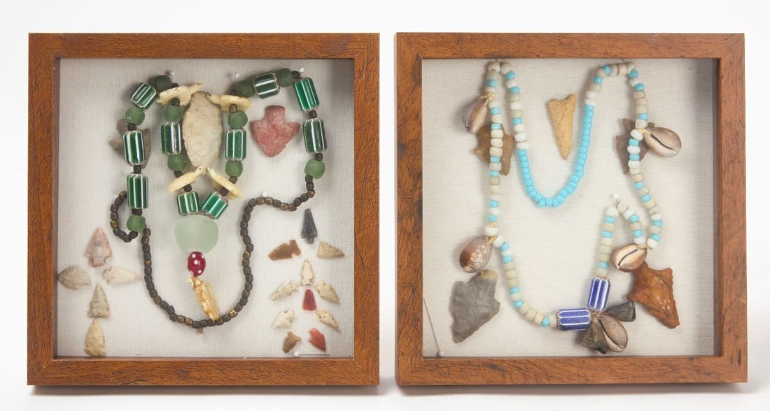 Two Framed Series of Native American Arrowheads and Beaded Necklaces: Two Framed Series of Native American Arrowheads and Beaded Necklaces.Cases ea: H 10 in. W 10 in.