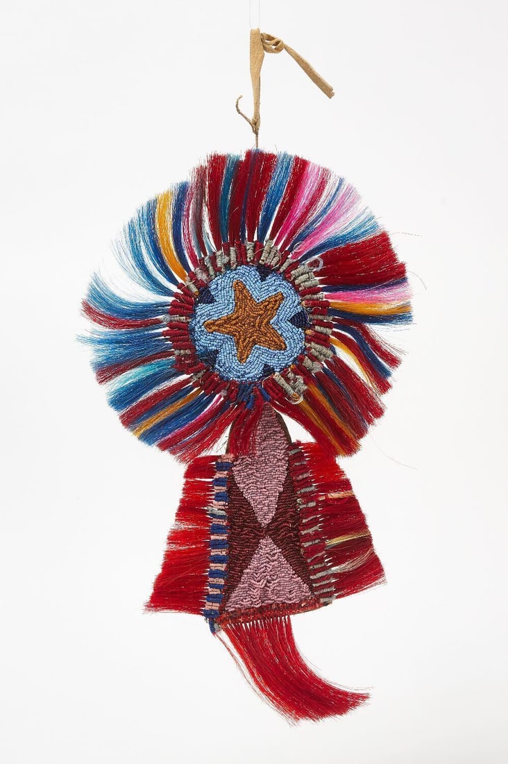 Native American Crow Horse Rosette: Native American Crow Indian beaded horse rosette with fringe and central star, early 20th century. H 18 in. D 10 in.