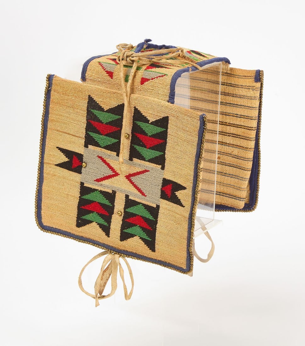 Nez Perce Pommel Bag: Nez Perce pommel/saddle horn bag. Corn husk woven. Early 20th century. L 24-1/2 in. W9-1/2 in. 