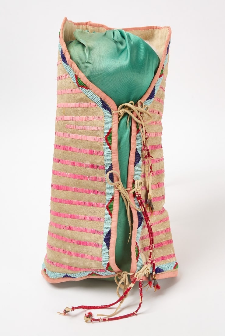 Papoose Beadwork and Quill Carrier: Cheyenne/Sioux papoose beadwork and quill carrier. Sinew sewn with soft hide. Plains region, circa 1925. L 18 in.