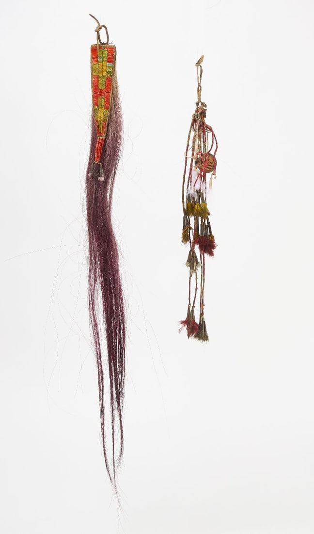 Two Apache Quill Work Ornaments: Two Apache quill work ornaments. The first a neck ornament with quill work and tin cones. Retains old collection tag. The second a quill work with horse hair ornament. Late 19th century.L Neck