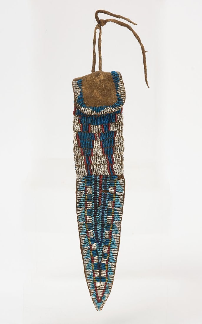 Ute Pouch with Tail: Ute pouch with tail. Beadwork on hide. Sinew sewn. Plains region, circa 1870.L 11 in.