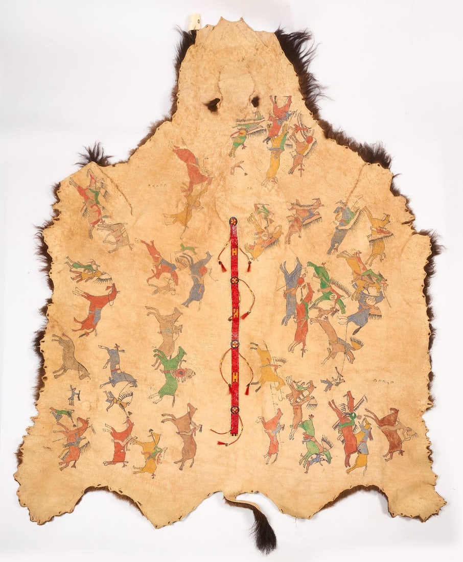 Pictorial Painted Full Buffalo Hide: Pictorial painted full buffalo hide with quilled robe strip. Plains region mid-20th century. L 117 in. W 85 in.