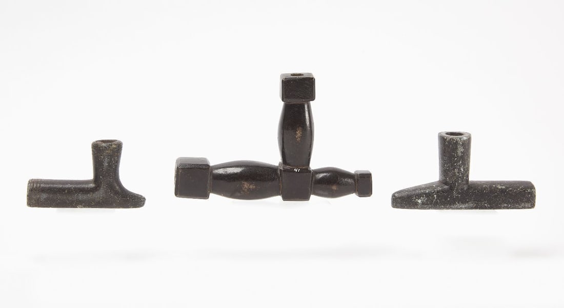 Three Native American Steatite Stone Pipes: Three Native American stone pipes. Steatite.19th century. L 4 in., L 5 in., and L 7 in.