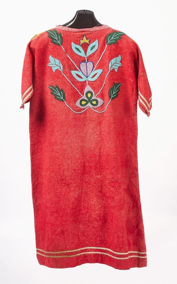 Plateau Beaded Girl Dress: Plateau beaded girl dress wool with floral beadwork. Early 20th century.L 43 in.