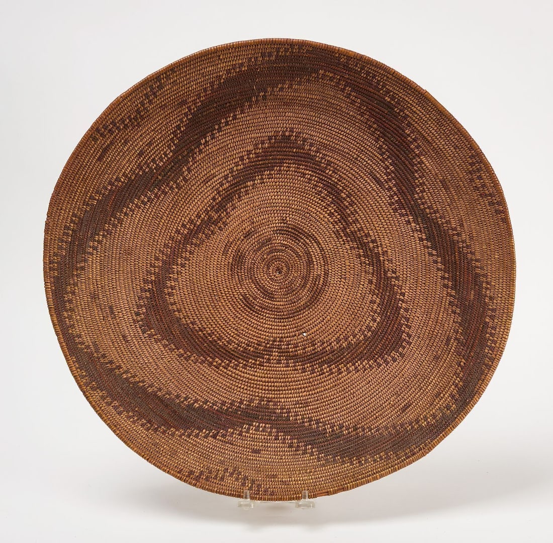 Apache Indian Coiled Basket: Apache coiled basket. Late 19th century.D 18- 1/8 in.