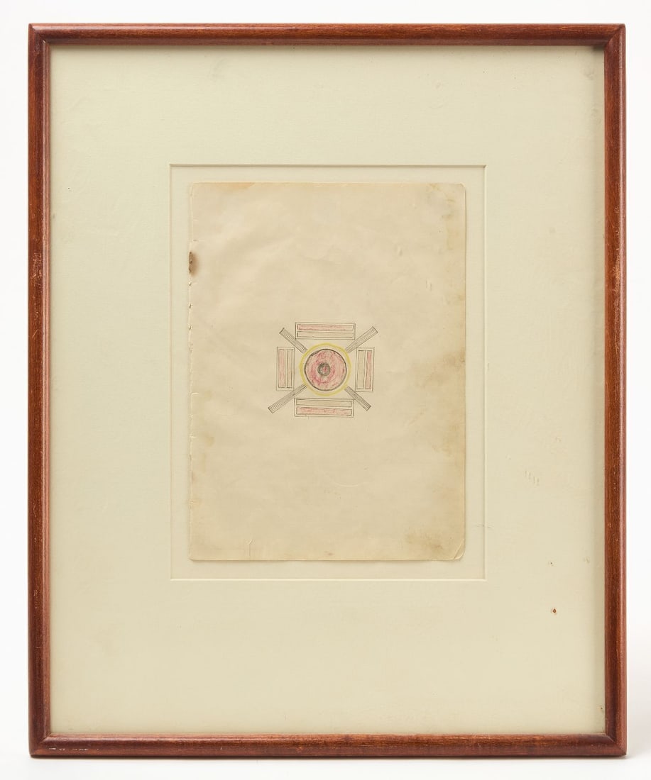 Navajo Drawing: Navajo drawing on paper. Modern mat and frame. circa 1900.Frame: H 20-1/4 in. W 16-5/8 in.Paper: H 10-3/8 in. W 7-1/2 in.
