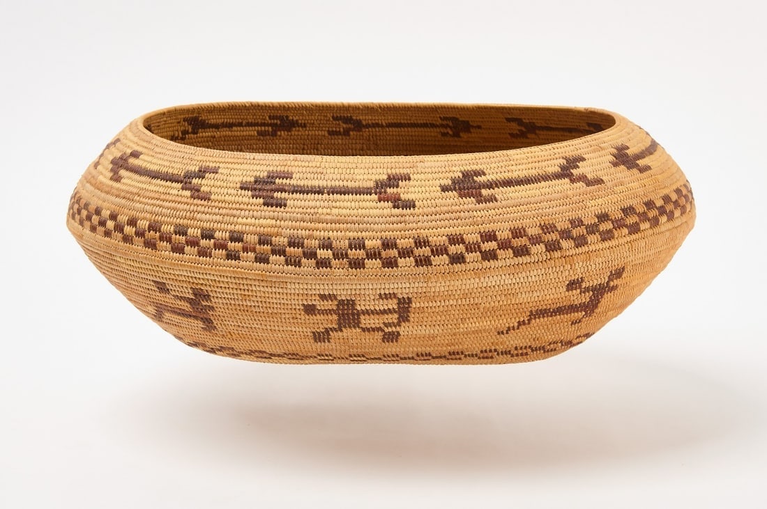 Large Oval Pima Basket: Large oval Pima coiled basket deer and figures. Circa 1930.H 6 in. L 16 in. W 12-1/4 in.