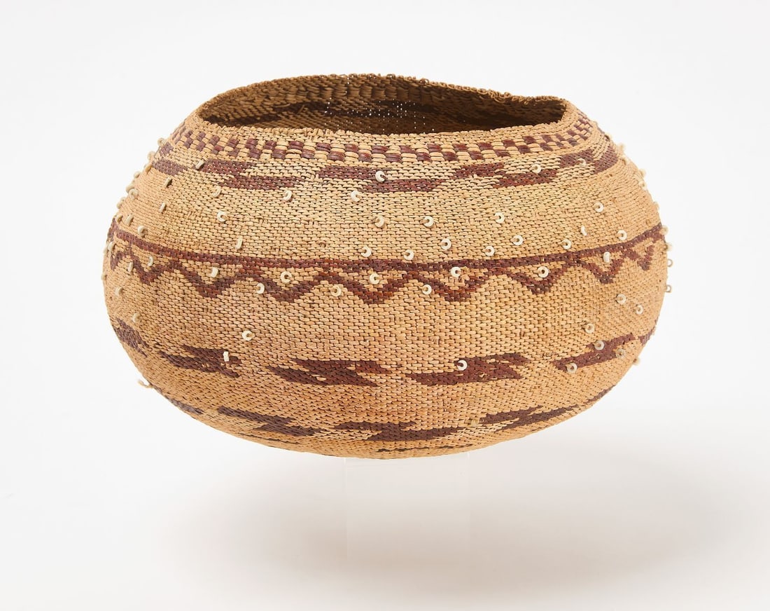 Pomo Basket with White Shell Beads: Pomo basket with white shell beads. Circa 1900. H 5-3/8 in. D 8-1/2 in.