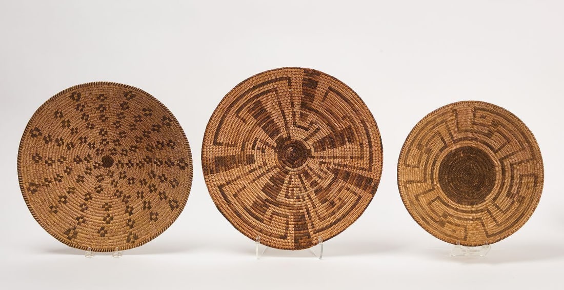 Three Pima Baskets: Three Pima baskets. Circa 1900.D 12 in. 14-1/4 in and 14-7/8 in.