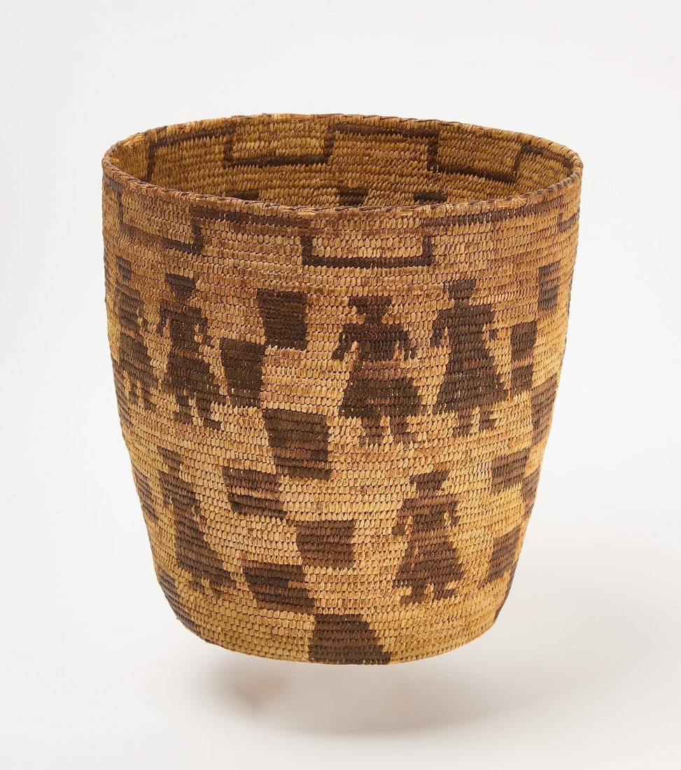 Large Pima Basket with Figures: Large Pima basket with figures. Circa 1900.H 11-1/2 in. D 12 in.