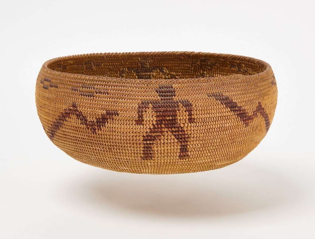 Native Basket with Figures: Native coiled basket with figures. California area, circa 1890.H 4-1/4 in. D 11 in.