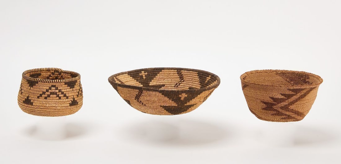 Three Small Native American Baskets: Three small Native American baskets. Apache to left, Apache to center, Washoe to right. Northwest coast basket: H 3-1/2 in D 6-3/4 in. Bowl: H 2-3/4 in. D 9 in.
