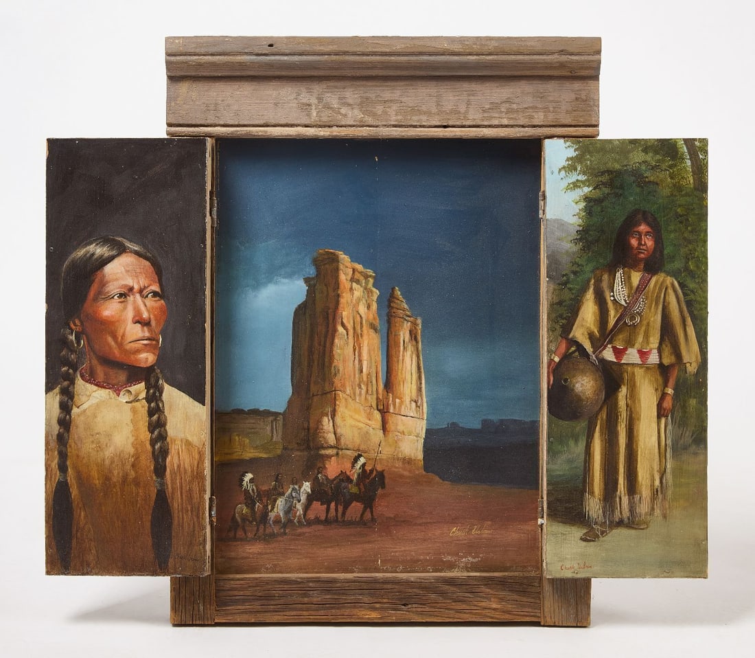 Triptych Painting Native of Americans: Triptych painting of Native Americans presented in a hinged mirrored door display. 20th century.H 23 in. W 17 in.