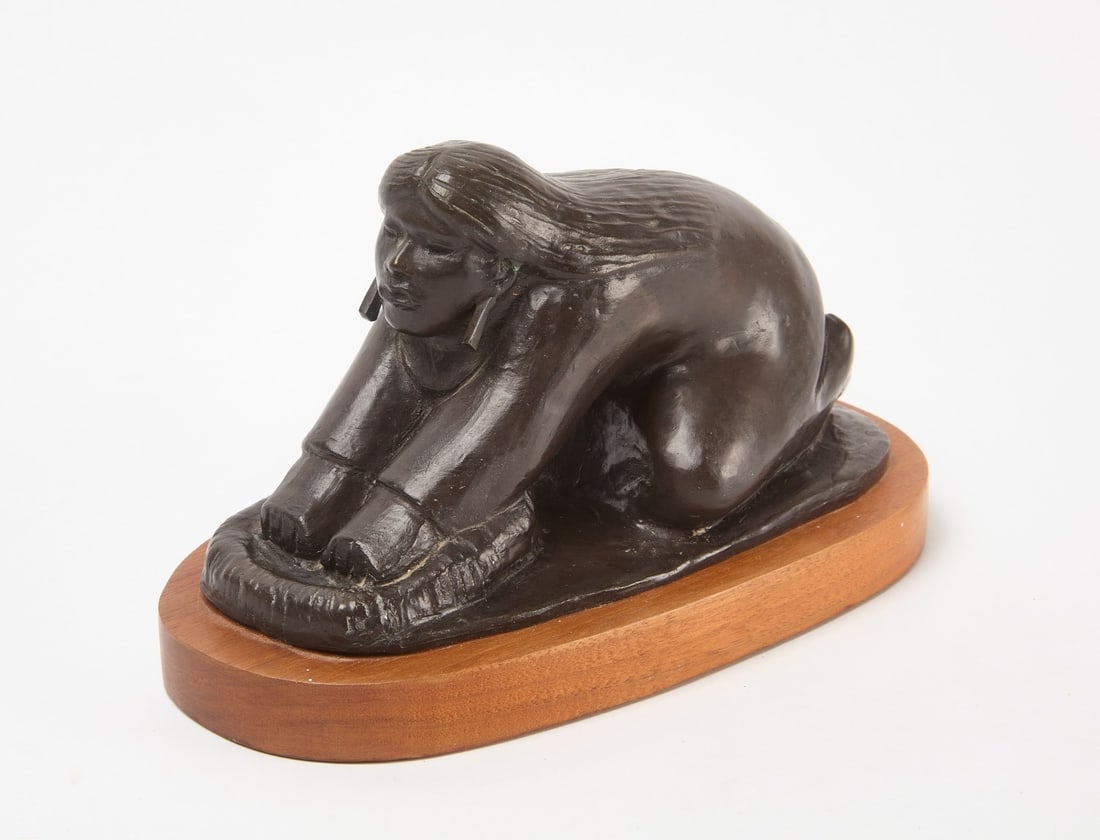Allan Houser - Bronze Native Woman Grinding Maize: Allan Houser (Apache 1914-1994), Grinding Maize. Cast bronze. Signed. H 5 in. L 5-1/4 in. D 3-3/4 in. (excludes wood base) 