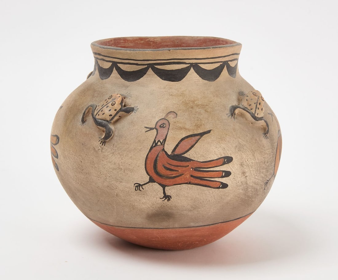 Teresita Romero - Polychrome Effigy Olla: Teresita Romero (Cochiti, 1894 - 1991) Polychrome Effigy Jar. Fired clay, pigment.Inscribed underside: Teresita Romero / Cochiti Pueblo. H 8 in. D 9 in.