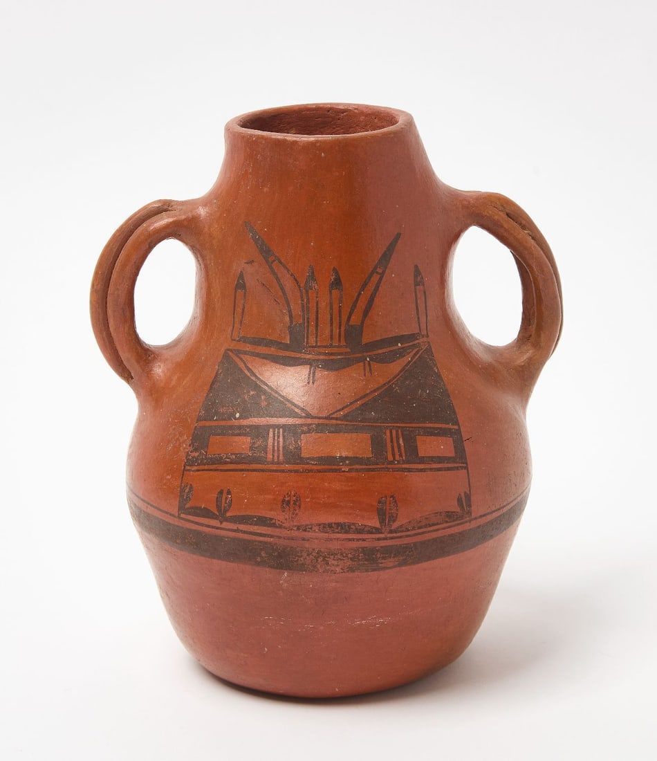 Nampeyo Hopi Black Red Jar: Nampeyo Hopi black-on-red jar with twisted handles was made by the famed master potter Nampeyo of Hano, circa 1905. H 8-1/4 in. D 6-3/4 in.
