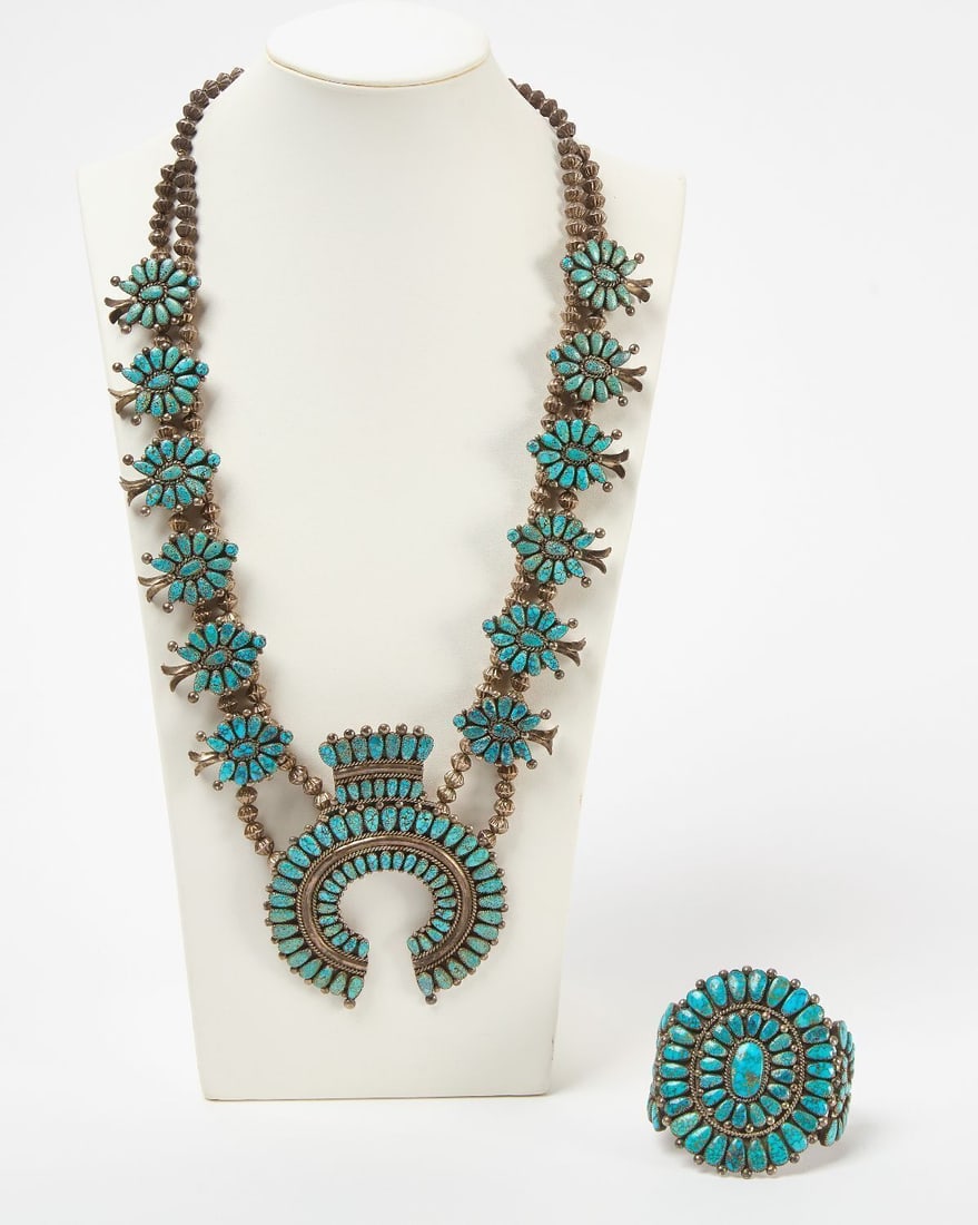 Native American Zuni Lone Mountain Spider Web Squash Blossom and Cuff (1 of 2)