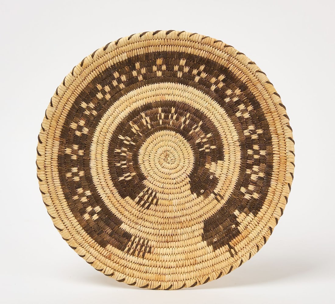 Pima Tray with Two Coiled Rattle Snakes: Pime coiled basket tray with two rattlesnakes. Arizona, early 20th century.D 14-1/4 in.