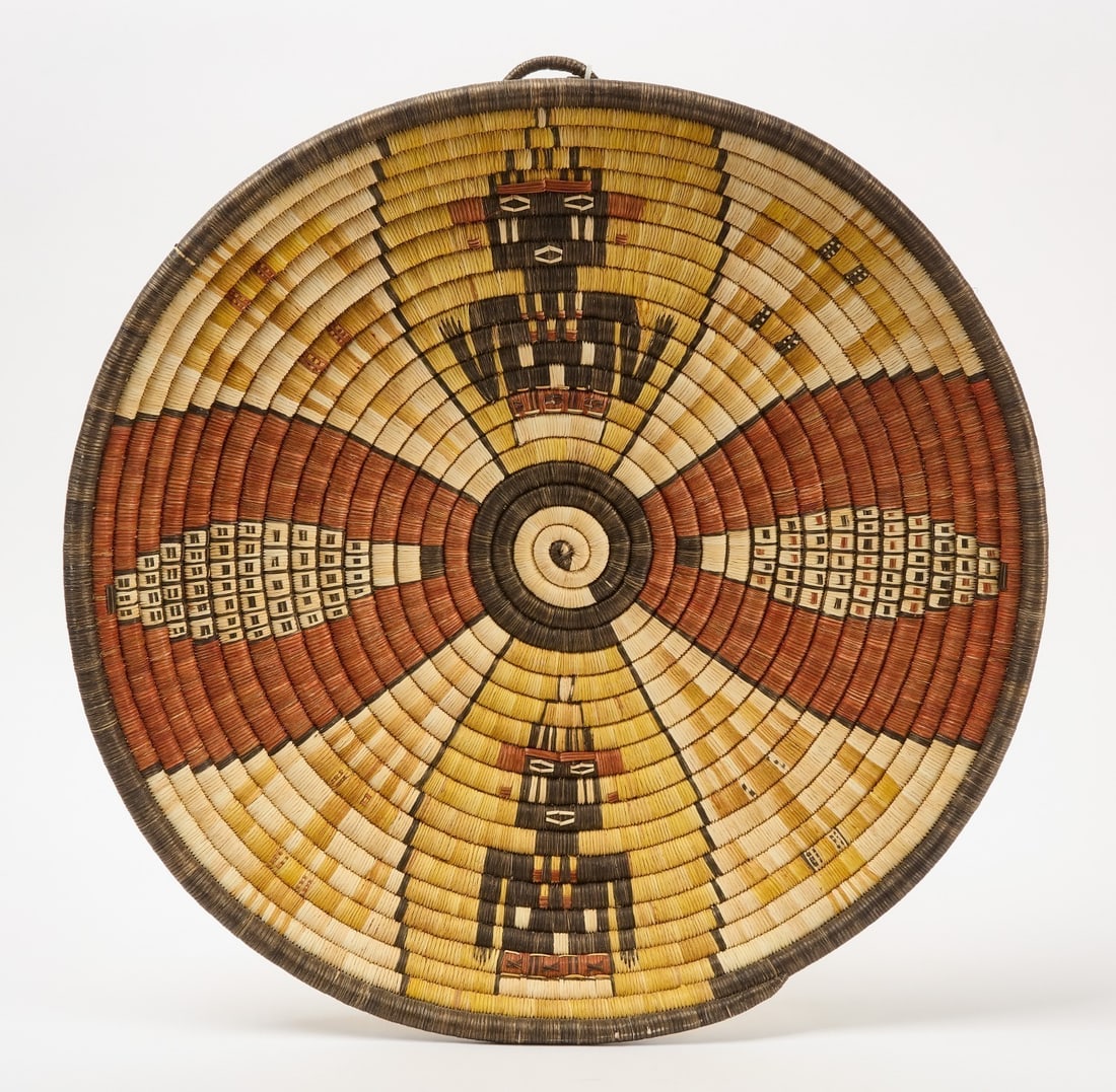Hopi Polychromed Coiled Tray: Hopi Second Mesa by Kagenvama. D 19-1/8 in.