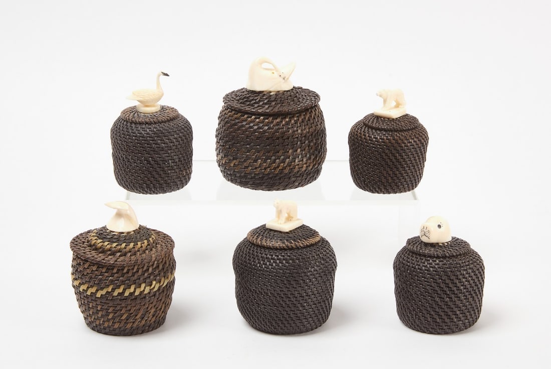 Six Inuit Contemporary Baskets: Six Inuit baskets. Baleen and carved bone. 20th century.H range: 3-3/4 in. - 4-3/4 in.