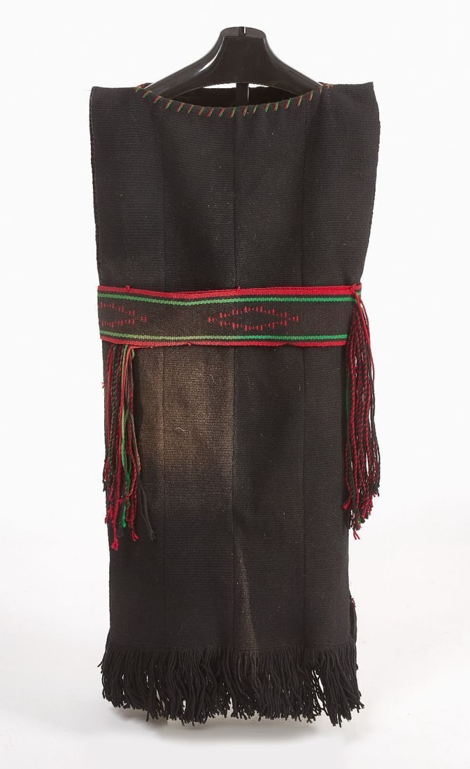 Navajo Women's Manta and Sash: Navajo women's manta with Navajo woven sash belt. Wool with decorative striped band and fringe. Circa 1900. L 44 in. W 19 in.