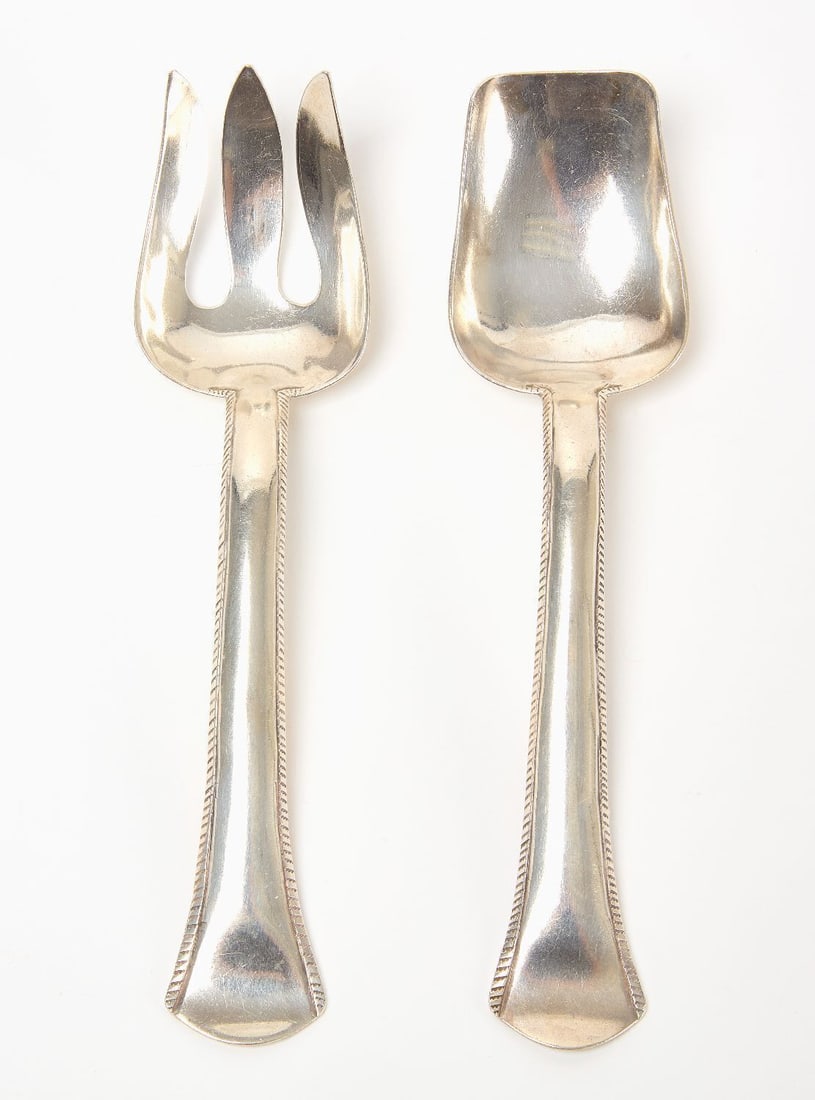 Frank Patania Sterling Silver Set: Frank Patania, Sr. ( 1899-1964 ) Sterling (stamped) silver salad set the modern Santa Fe style. Mid-20th century.L 8 in. (approx. ea.) Total Weight: 4.8 ozt.
