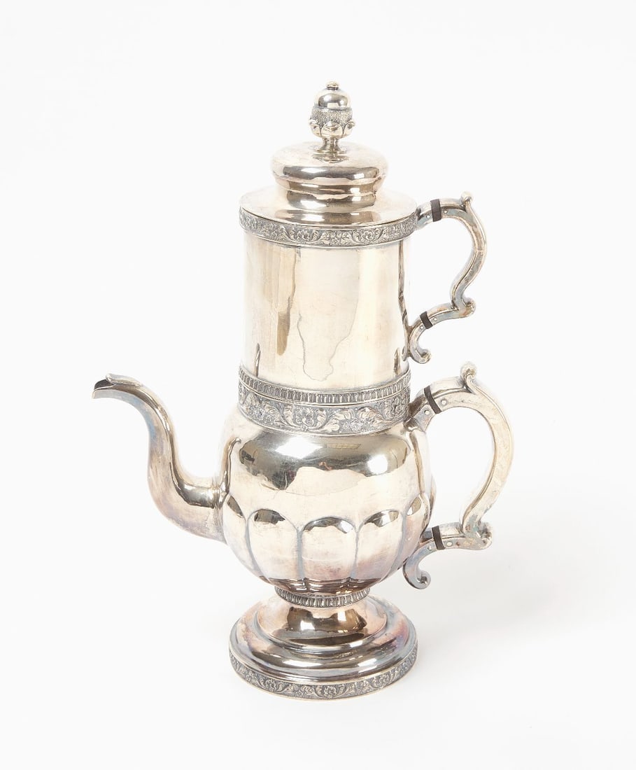 W. Gall Sterling Silver Coffee Pot: W. Gall (signed) sterling silver coffee pot. English, 19th century.H 13 in.Weight: 35.855 ozt.