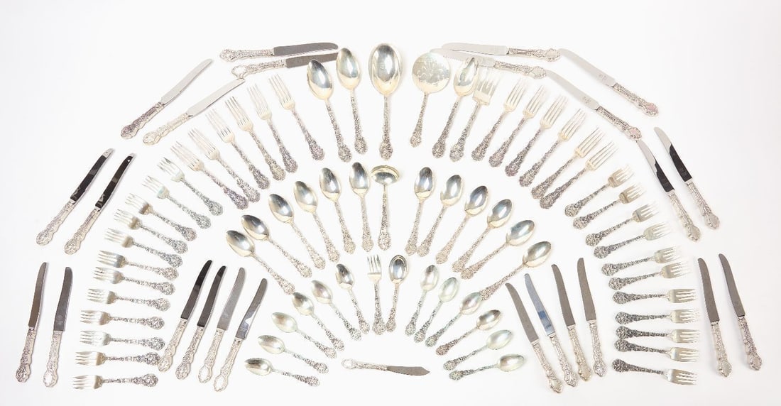 Set of Gorham Versaille Sterling Flatware: Set of Gorham sterling silver flatware in the Versaille pattern. Consists of 24 sterling-handle dinner knives, 12 dinner forks, 24 salad forks, 12 teaspoons, 12 dessert spoons, 9 serving utensils, and