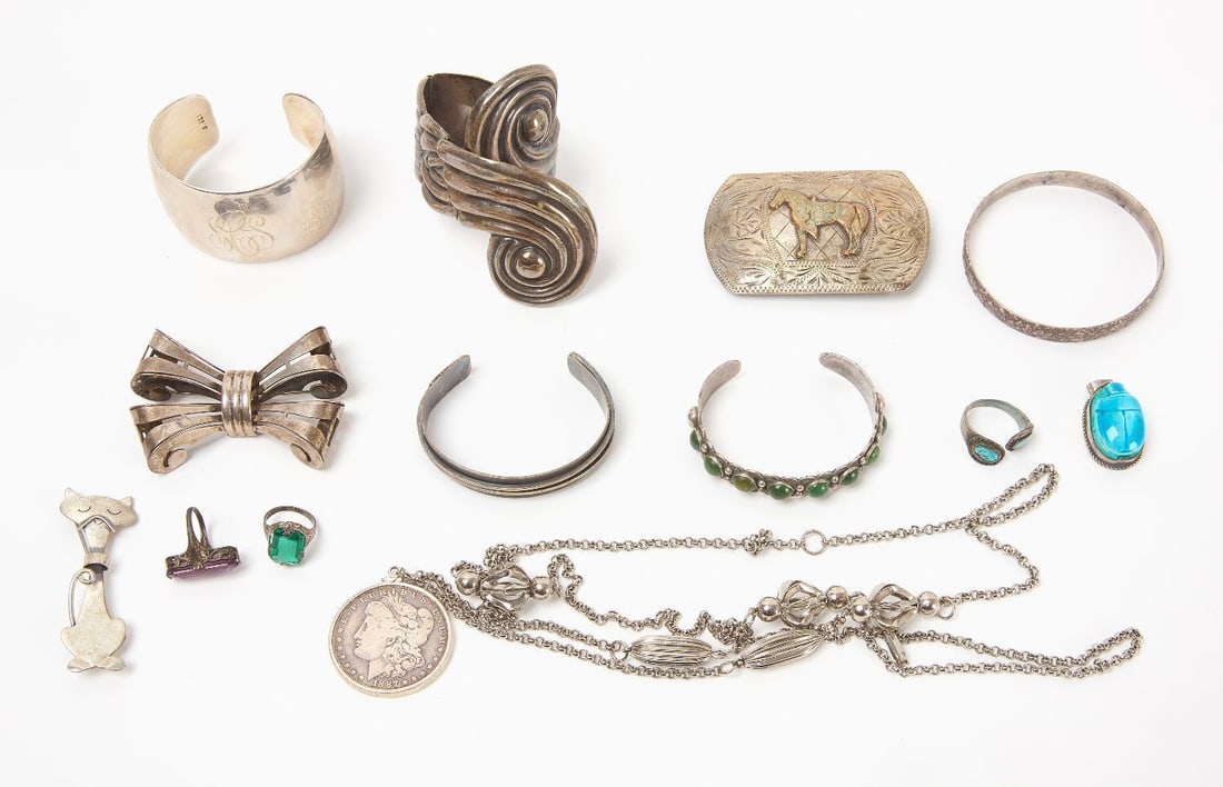 Estate Group of Sterling Silver Jewelry by Various Designers: Estate group of silver (sterling) jewelry by various designers. Taxco (Mexico) sterling cuff bracelet, Sharfmans monogrammed sterling cuff bracelet with original box, Ricardo 10k and sterling belt buc