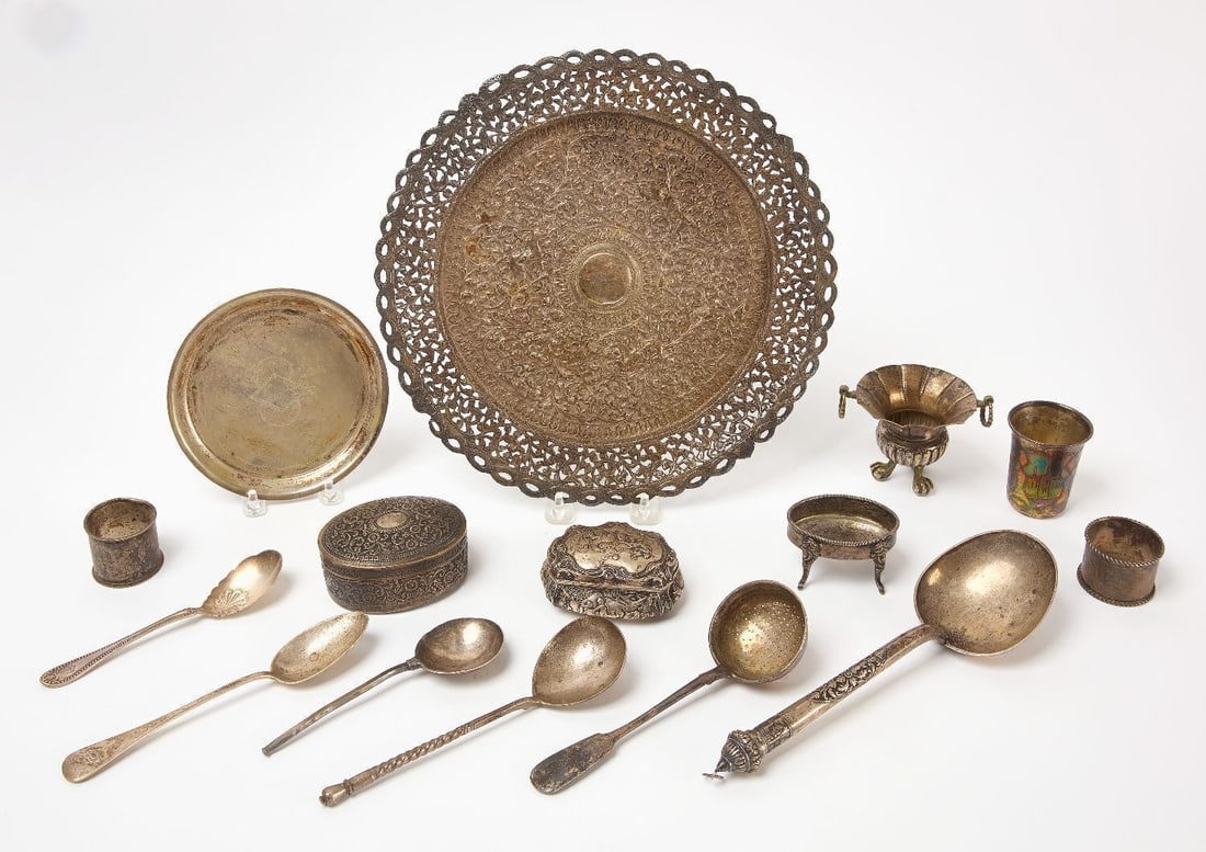 Mixed Estate Group of Silver: Mixed estate group of solid silver objects. All XRF tested. 81-83% Silver Weight: 6.3 ozt.90-91% Silver Weight: 37.7 ozt.