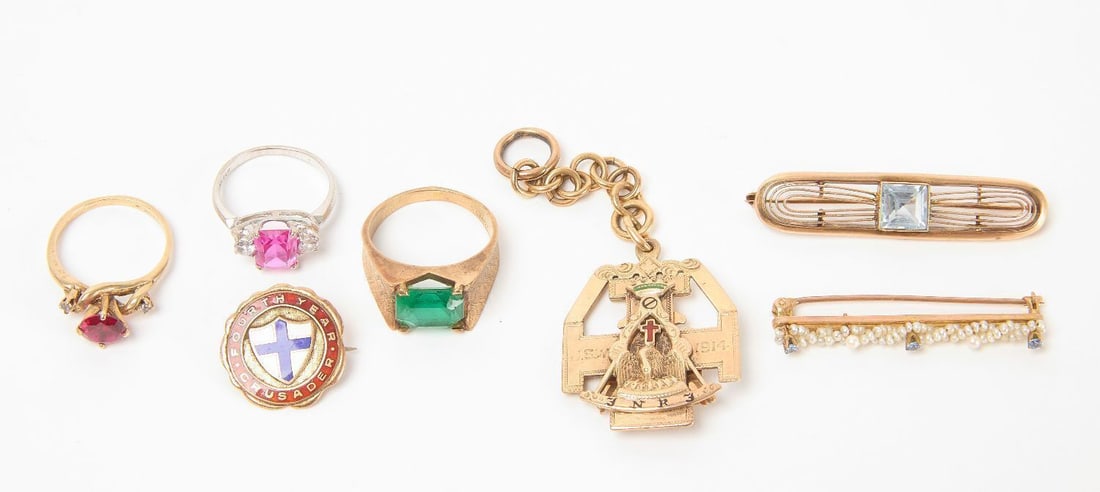 Group of 10k Gold Jewelry with Scottish Masonic Fob: Group of 10k gold jewelry, includes 5 rings, 2 bar pins, and a Fourth Year Crusader pin. Together with a gold-filled Scottish Rites (Masonic) fob. Total 10k Weight: 21 dwt.Fob weight: 7.8 dwt.Rin