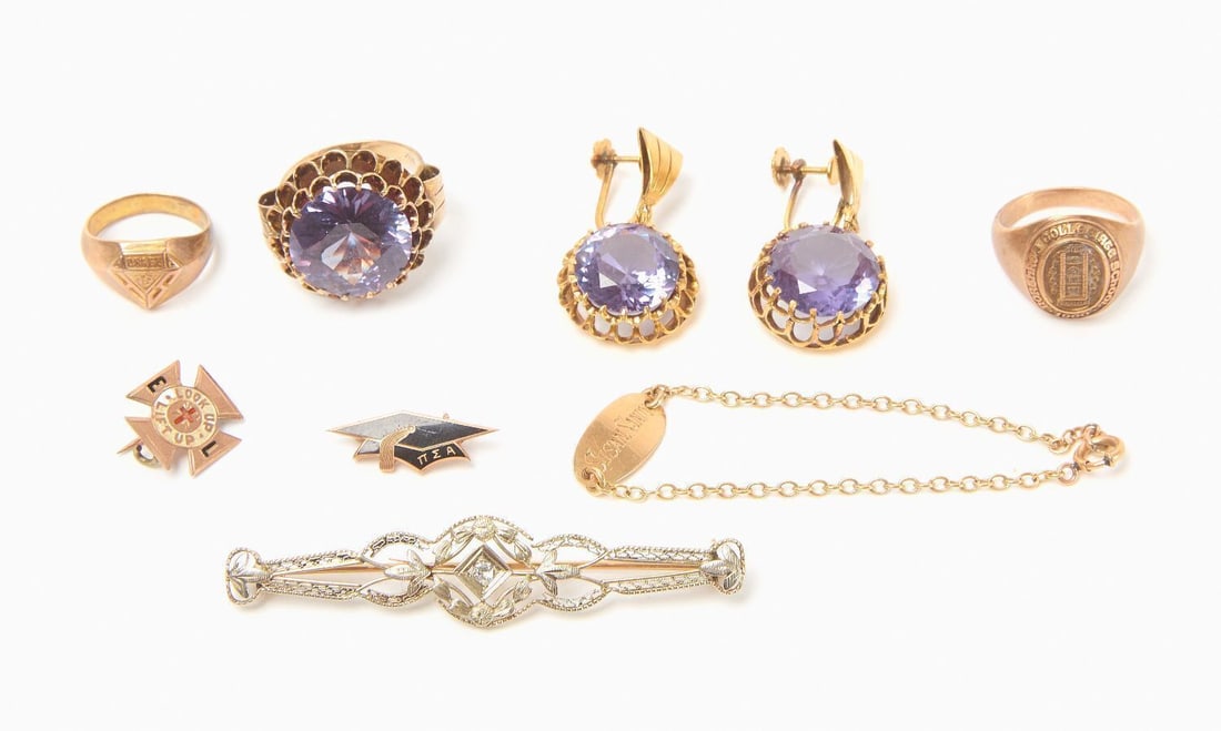 Estate Group of 10k and 14k Gold Jewelry: Estate group of 10k and 14k gold jewerly. Set of 14K Amethyst screwback earrings and ring (size 6.25), 10k 'Look Up Lift Up' pin, and two 10k gold rings, one for 1900 Northrup Collegiate Schoo