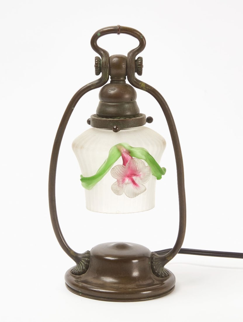 Tiffany Studios Harp Desk Lamp: Tiffany Studios harp desk lamp. Bronze with glass shade. circa 1930. H 11-1/2 in.