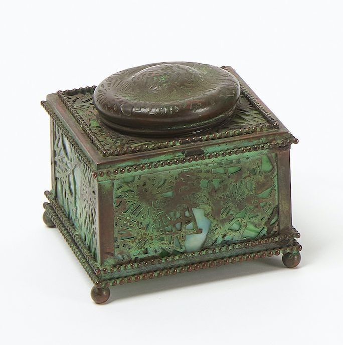 Tiffany Studios Bronze 'Grapevine' Inkwell: Tiffany Studios Bronze 'Grapevine' inkwell. Patinated bronze with green slag glass. Marked 'Tiffany Studios New York'. New York, New York, circa 1910.H 3-3/4 in. W 4-1/4 in. D 4-1/4 in