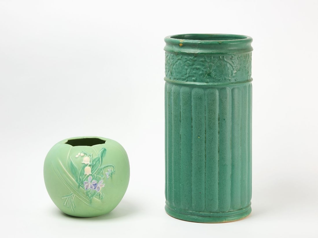 Weller Pottery Umbrella Stand and Vase: Weller Pottery umbrella stand. Together with a second Weller Lily of the Valley vase. Umbrella stand unmarked.H 21-1/8 in. Dia. 10-1/2 in. and H 9 in. Dia. 9-1/2 in.
