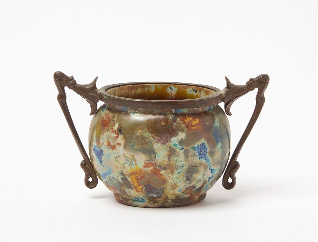 Art Deco Bronze Mounted Glass Vase: Glass vase with Art Deco Bronze mount. Circa 1910. H 3 in. W 5-3/4 in.