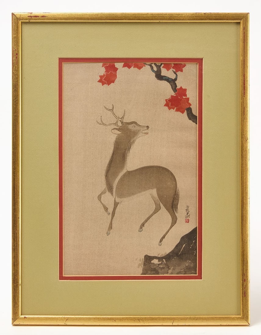 Korin Ogata - Woodblock Print: Korin Ogata (1658–1716) - Deer under a maple tree. Wood block print. Japanese, late 19th century.Frame: H 17-3/8 in. W 13-1/8 in.Mat opening: H 11-3/4 in. W 7-1/4 in.