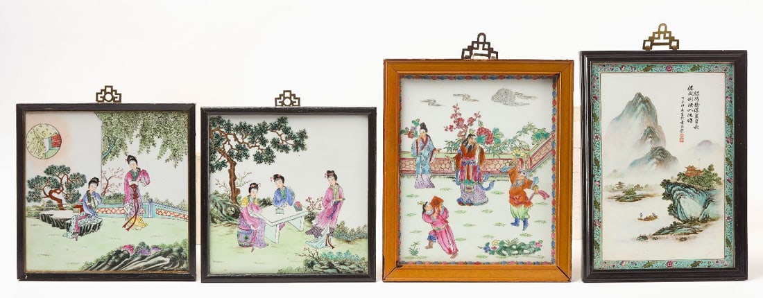 Four Chinese Painted Porcelain Plaques: Pair of painted porcelain plaques. Together with two other plaques. Chinese. late 19th century. Pair: Framed: H 10-1/4 in. W 10-1/4 in. Mountains: H 13-3/4 in. W 9-3/4 in.Four figures: H 13