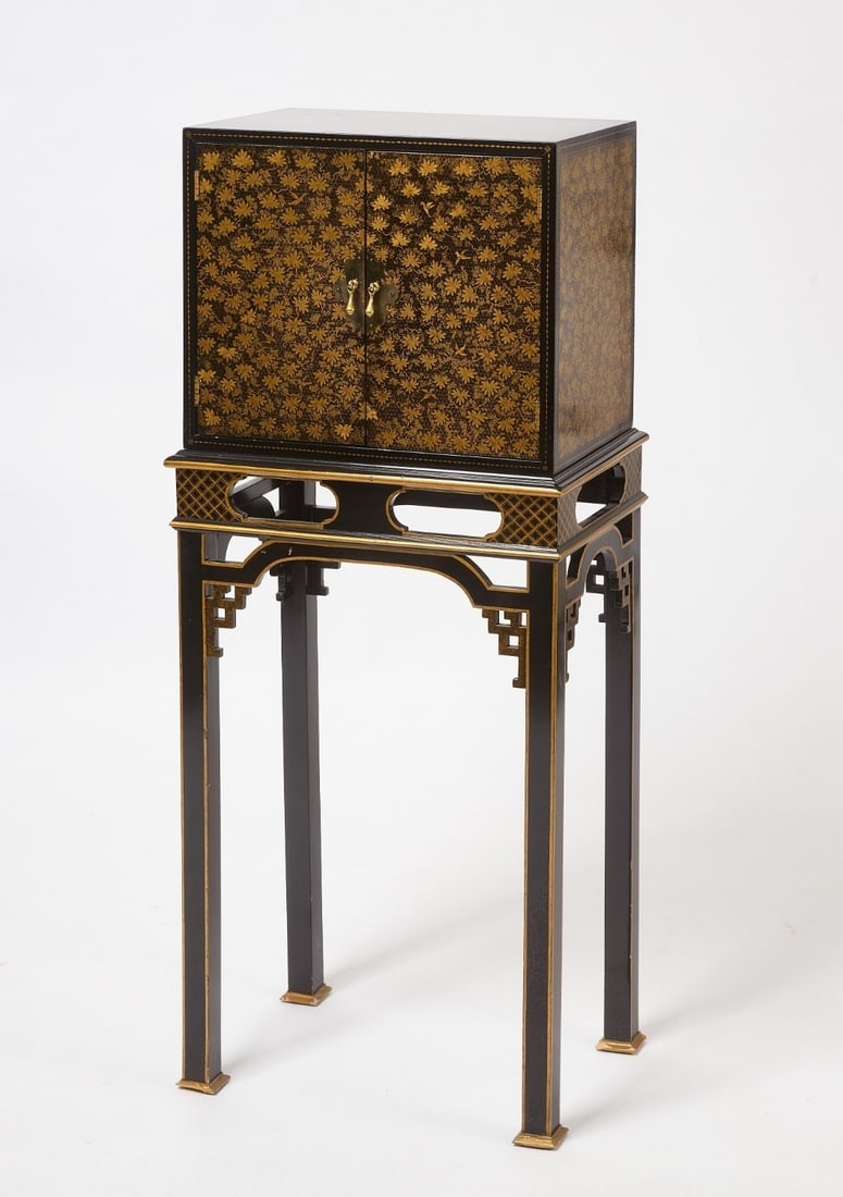 Lacquer Cabinet on Stand: Small lacquer cabinet on stand. H 43 in. W 17 in. D 12 in. 