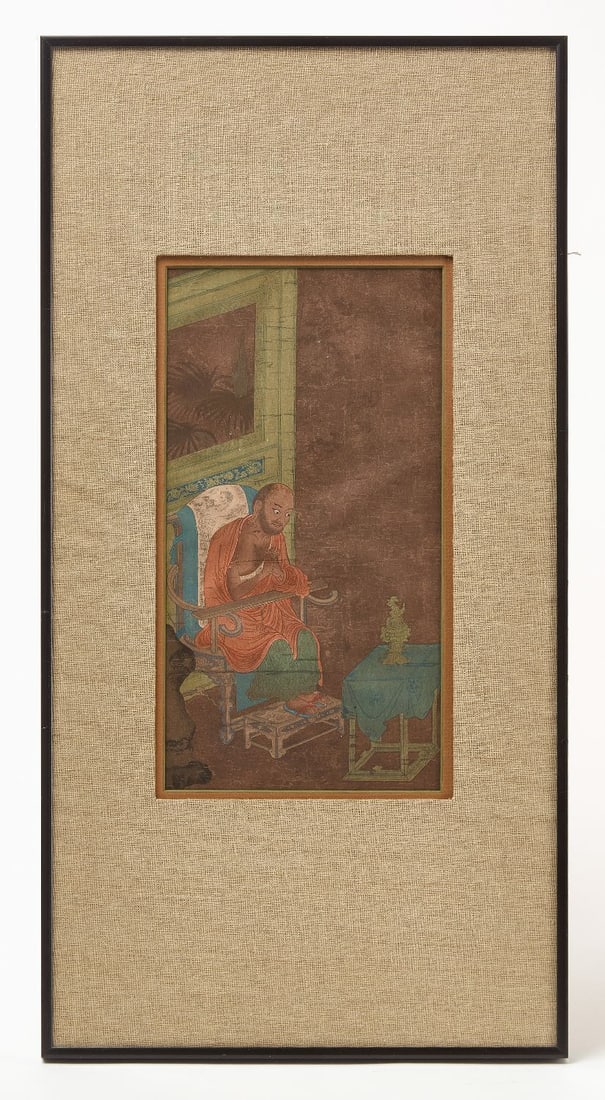 Early Chinese Painting of Luohan: Early Chinese painting of Luohan. Frame: H 24 1/2 in. W 12-5/8 in.Mat opening: H 12-3/8 in. W 6-1/2 in.