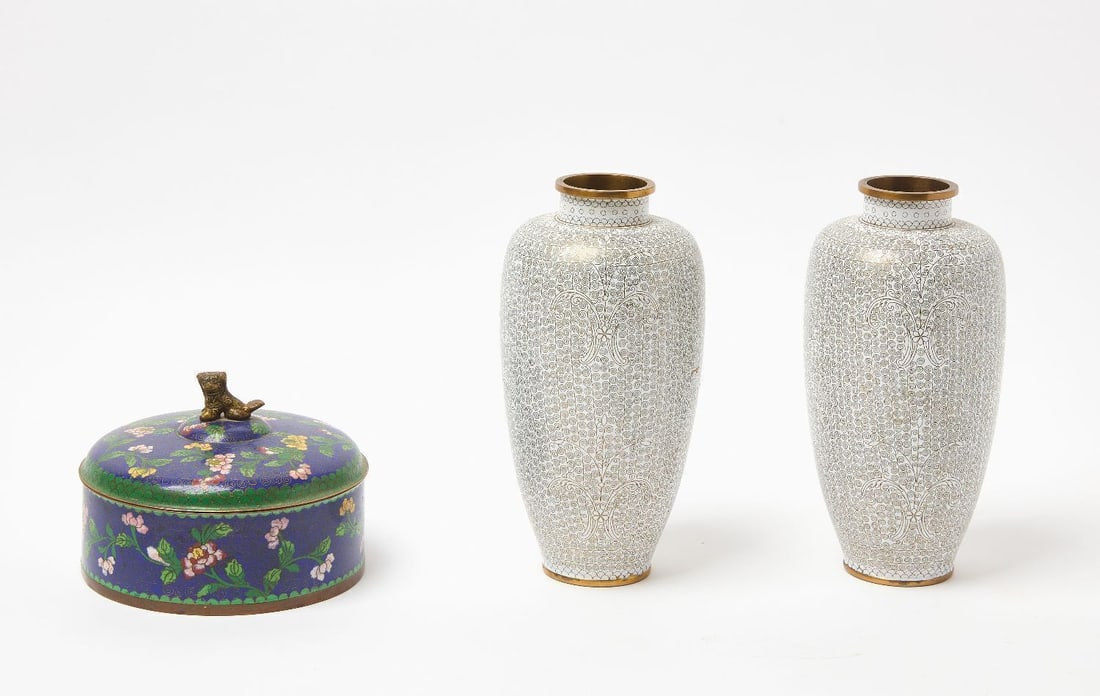 Cloisonne Group: Three pieces of cloisonne. Including a pair of white vases and a covered dish. Chinese, circa 1900. Vases: H 9-1/8 in.Covered dish: H 5 in. D 6-3/4 in.
