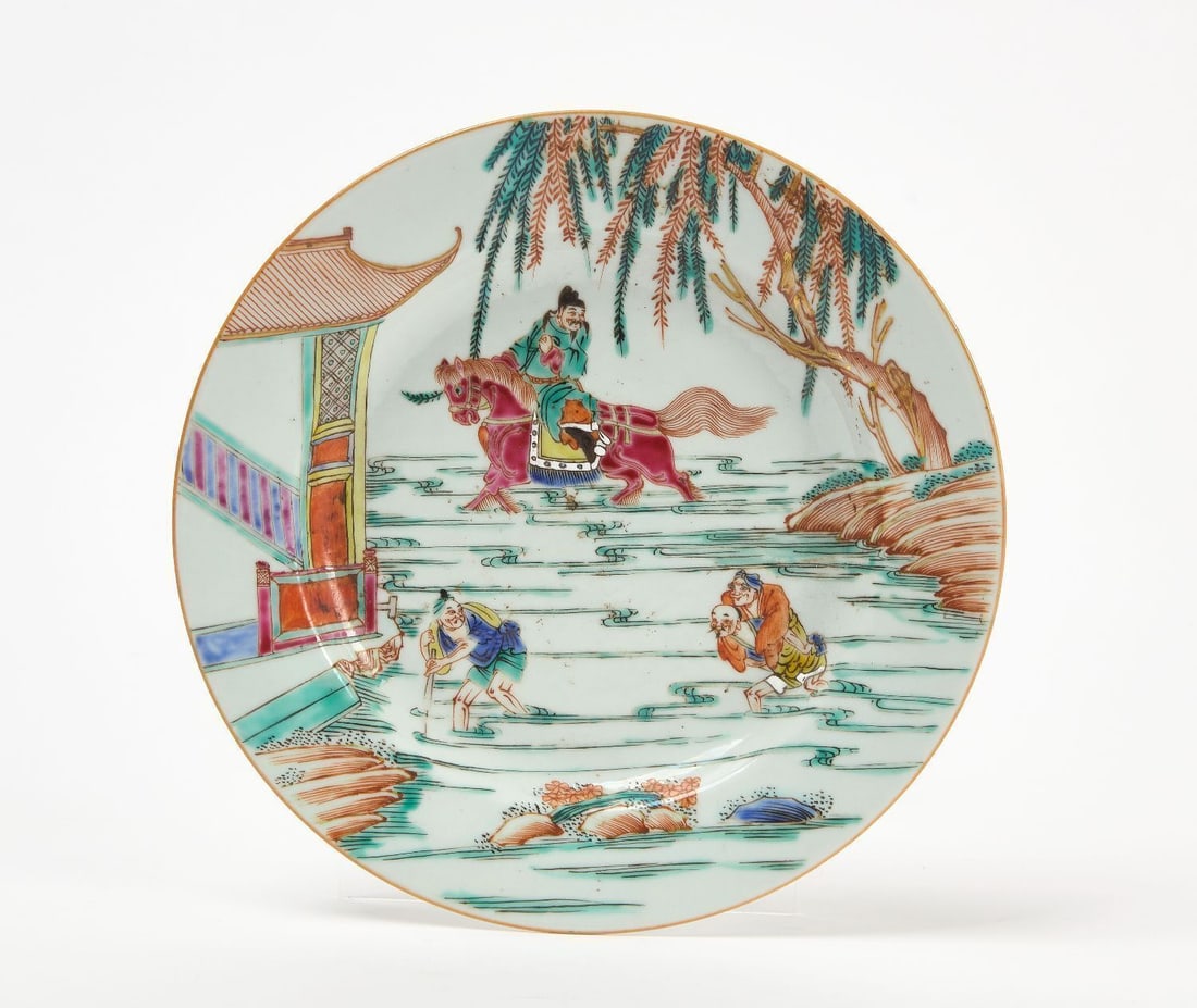 Chinese Famille Rose Plate: Chinese Famile Rose pictorial plate with a scene of a man on horseback riding by a home. Qing Dynasty, 19th century. D 8-3/4 in.