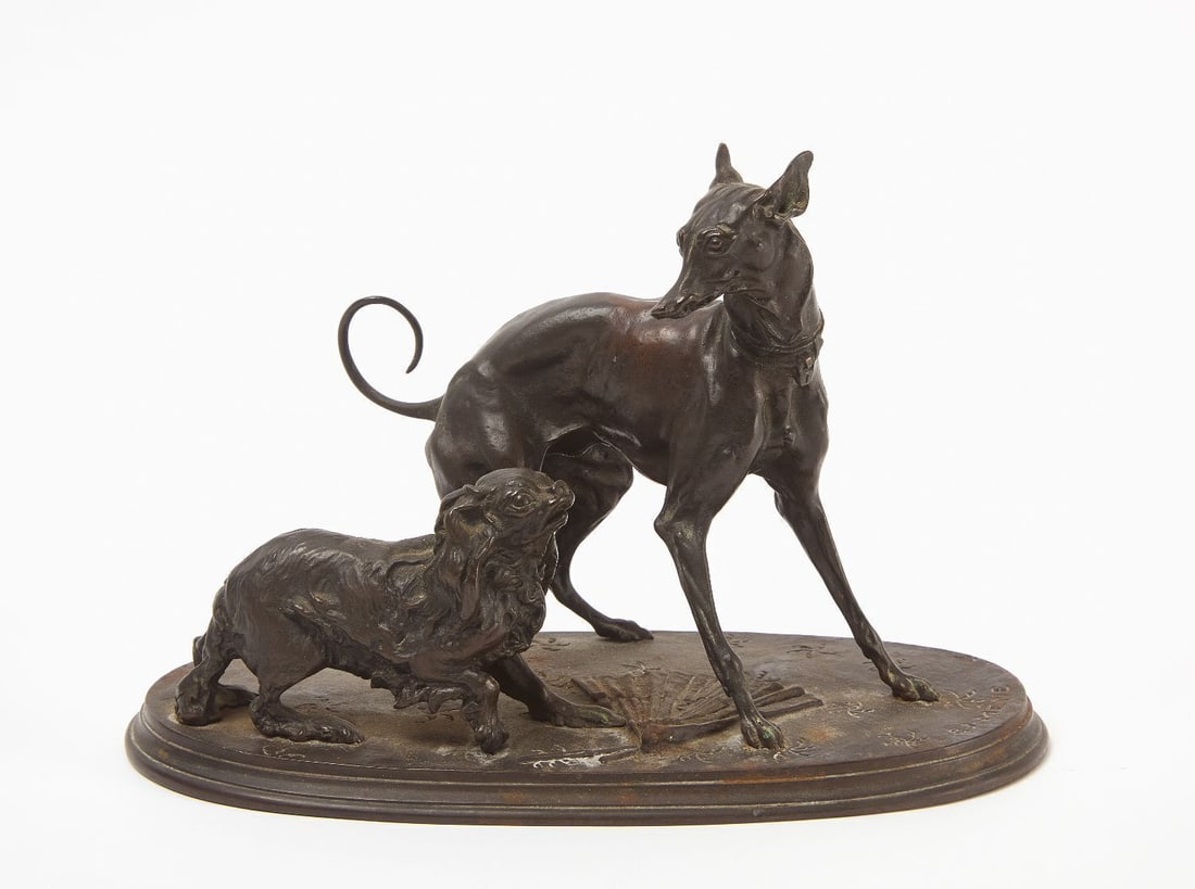P. J. Mene Bronze of Two Dogs: P. J. Mene (Paris, France, 1810–1879) signed bronze of two dogs. H 6-1/2 in. W 9-5/8 in. D 4-7/8 in.
