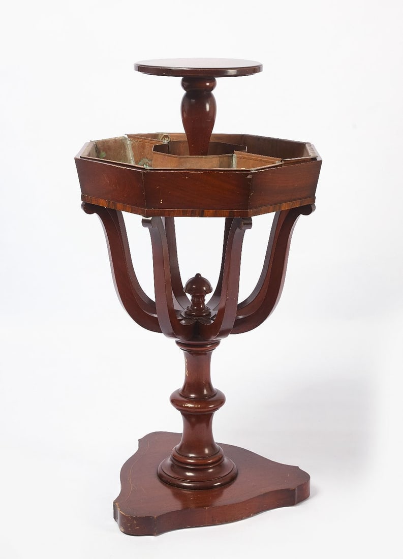 Regency Style Jardiniere: Regency style jardiniere. Mahogany with two copper inserts. H 45-1/2 in. W 24-1/4 in. D 24-1/4 in.