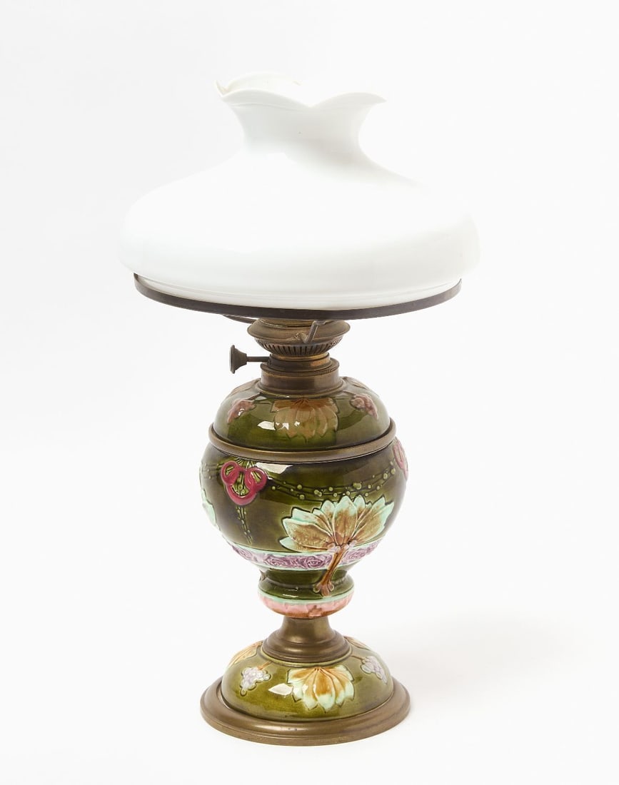 Majolica Oil Lamp: Majolica oil lamp. Ceramic with milk glass shade. Italian, 20th century. H 19 in. (Shade) D 9 in.