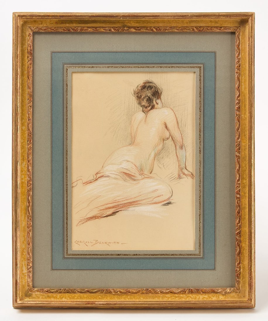 James Carroll Beckwith - Nude Study: James Carroll Beckwith (American, 1852–1917), Nude study of a woman. Watercolor on paper. Newer frame. Signed LL.Provenance: Ex-Paul Magriel Collection. Doyle's Auction, Oct 15, 2019.Frame: