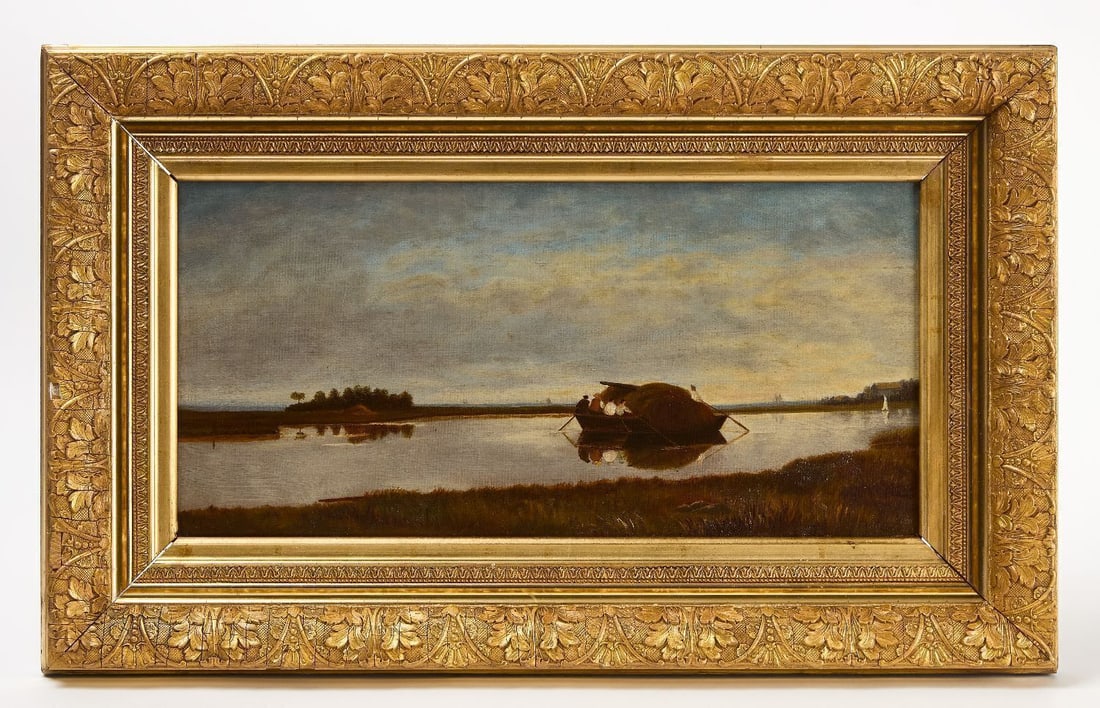 Marsh Landscape with Men in a Rowboat: Men in rowboat in a shallow marsh. Oil on canvas. Unsigned. Gold leaf frame. American, early 20th century. Frame: H 16-1/4 in. W 26-1/4 in. Canvas: H 9 in. W 19 in.