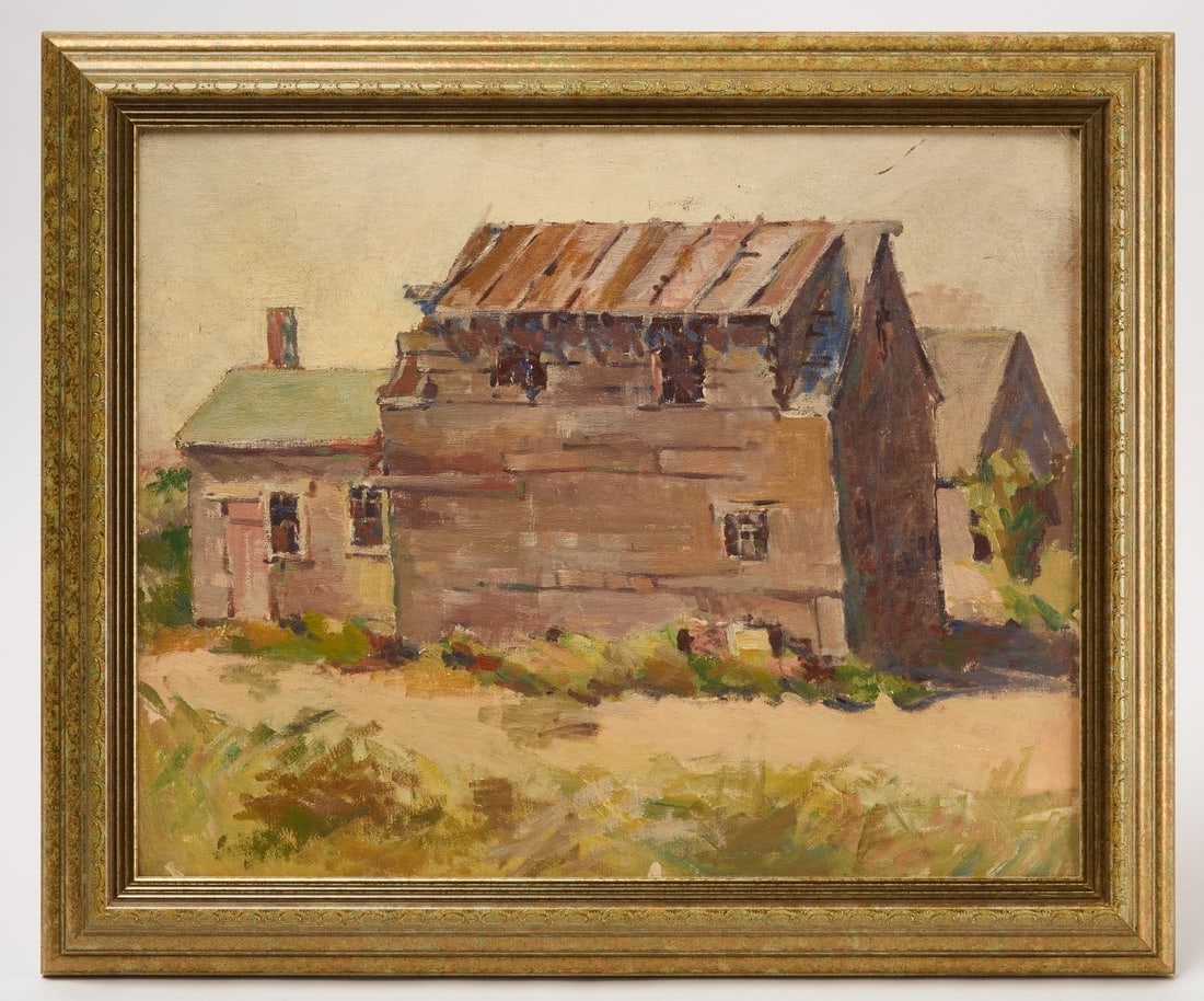 Arthur J. Laws - Exterior View of a Barn: Arthur J. Laws (1894–1960) - painting showing an exterior view of a barn. Oil on artist's panel. Unsigned. Frame: H 20 in. W 24 in. Panel: H 15-1/2 in. W 19-1/2 in. 