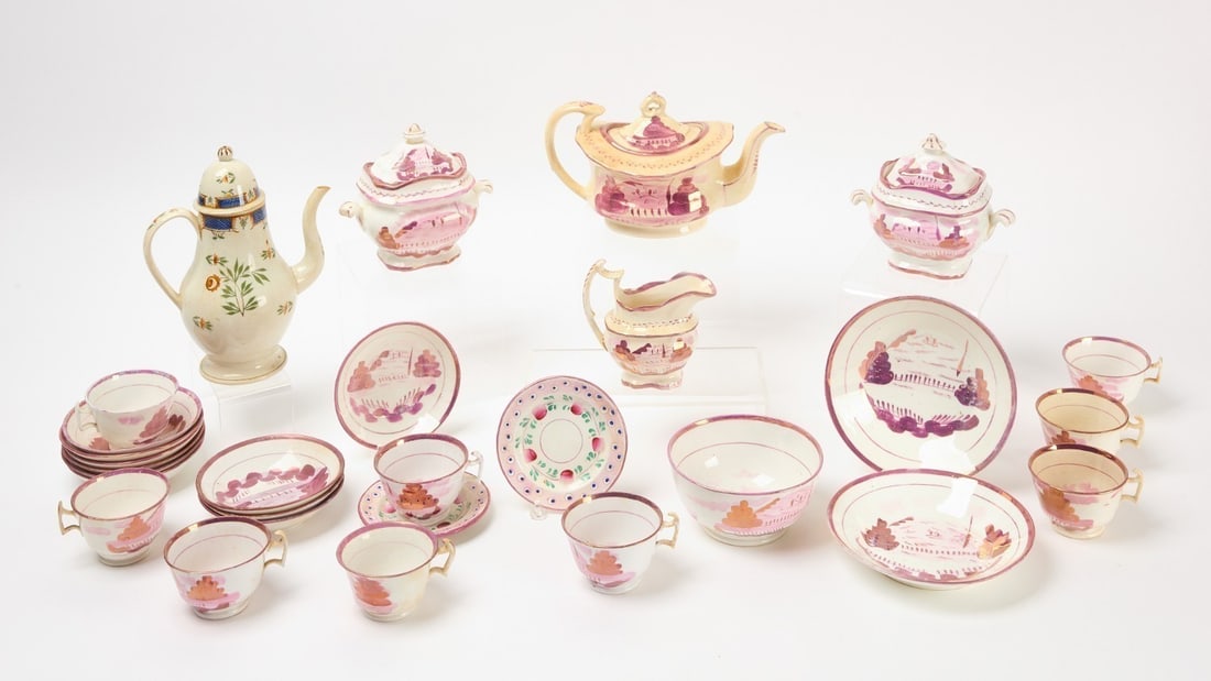 Group of Luster Ware and Soft Paste Coffee Pot: Group of 19th century Luster Ware. Approx 28 pieces. Together with an early soft paste coffee pot.Coffee pot: H 10-1/4 in.